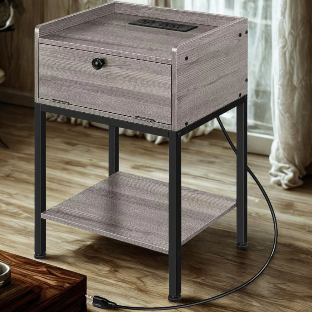 Wooden End Table with Built-In Charger & Multi-Level Storage