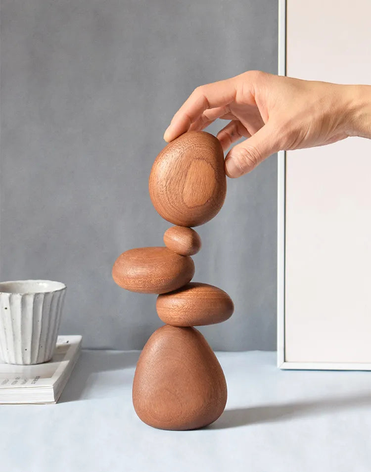 Nordic Solid Wood Balancing Stone Sculpture – Minimalist Zen Puzzle Decor