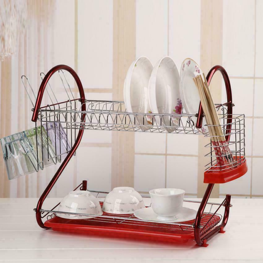 Large Kitchen Red Dish Drying Rack 2 Tier image 2