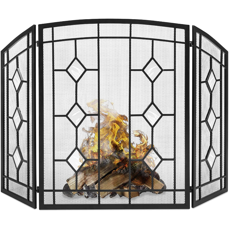 Modern Decorative Black Fireplace Screen Door 3 Panel image 0
