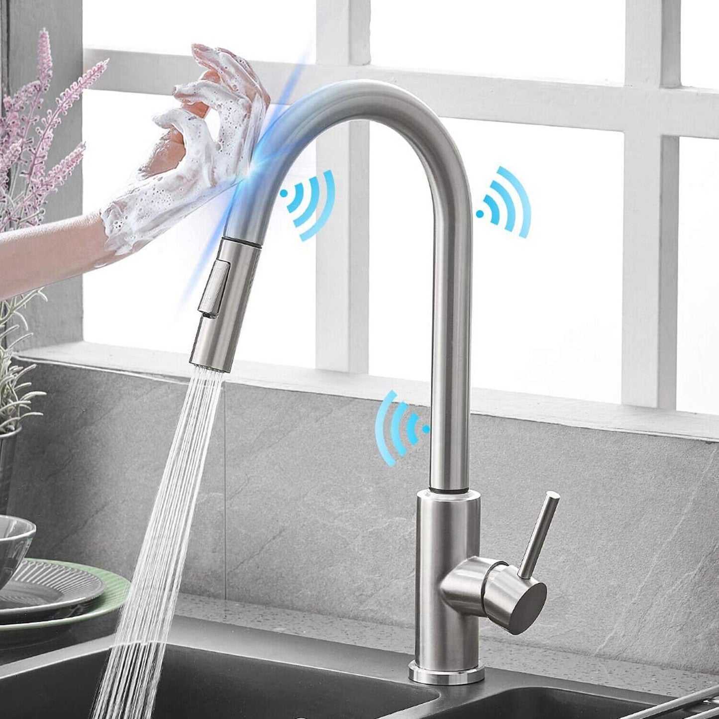 Stainless Touch Kitchen Sink Faucet Pull Out Sprayer Brushed Nickel Mixer Tap image 1