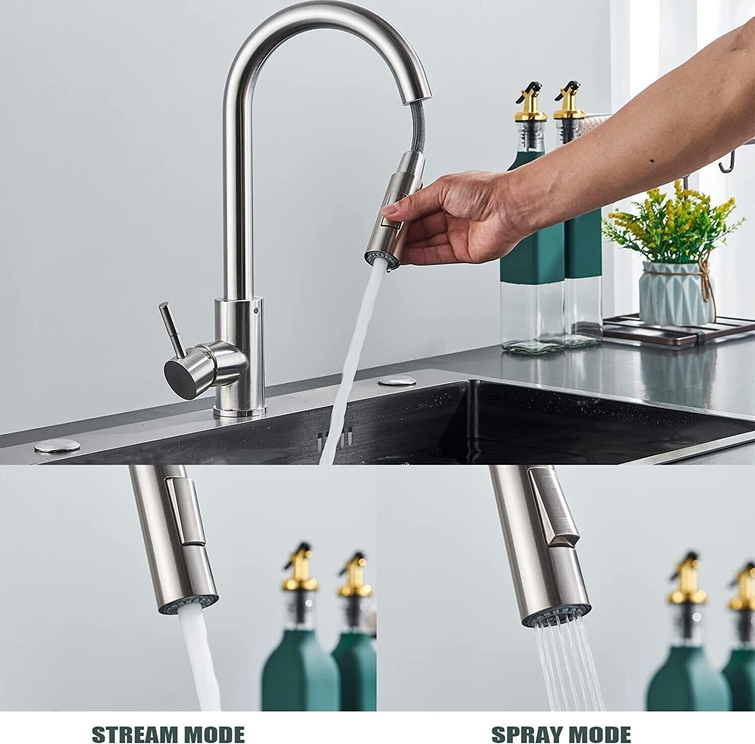 Stainless Touch Kitchen Sink Faucet Pull Out Sprayer Brushed Nickel Mixer Tap image 6