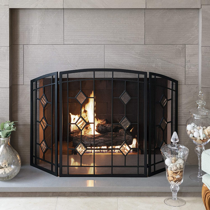 Modern Decorative Black Fireplace Screen Door 3 Panel image 1