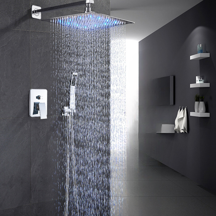 Wall-Mounted Shower Faucet Combo with Rainfall Shower Head and Mixer Valve - Chrome LED, 12 inch image