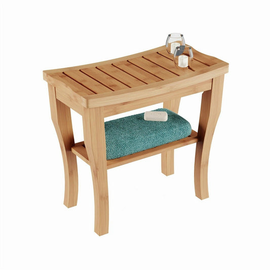 Waterproof Bamboo Wooden Shower Bench Seat With Storage Shelf image 0