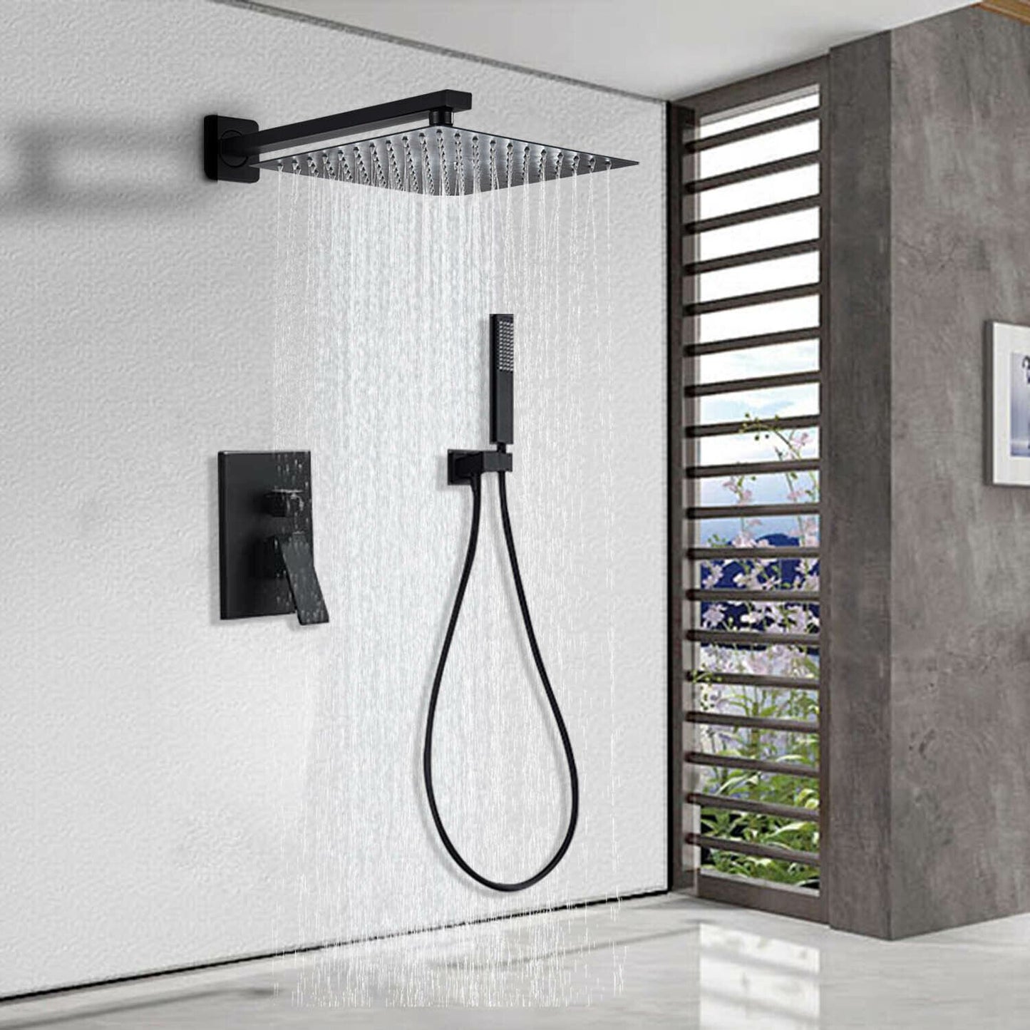 Wall-Mounted Shower Faucet Combo with Rainfall Shower Head and Mixer Valve - Matte Black, 12 inch image
