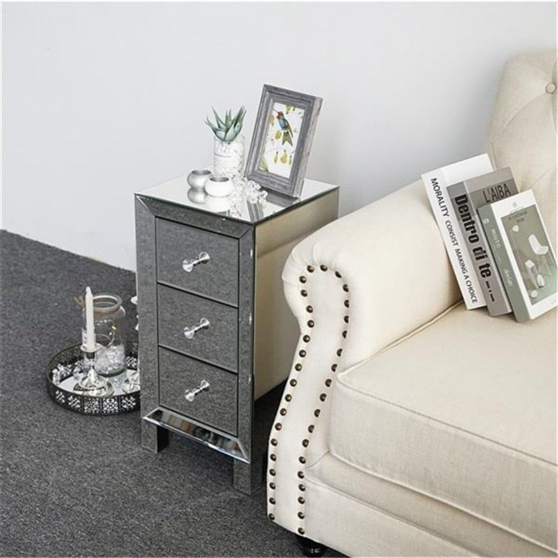 Elegant Three Drawer Silver Mirrored Bedside Nightstand Table image 3