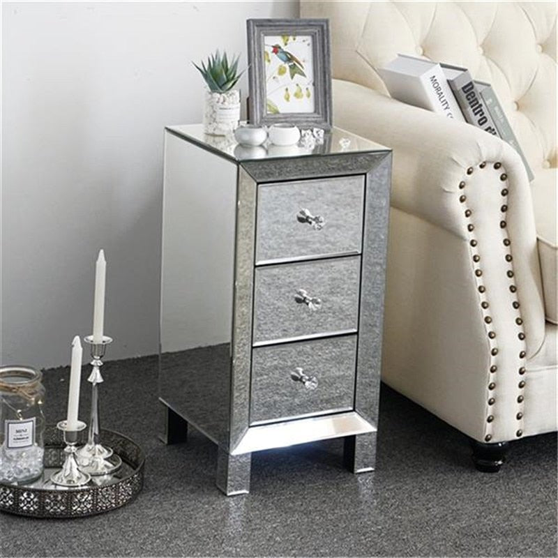 Elegant Three Drawer Silver Mirrored Bedside Nightstand Table image 1
