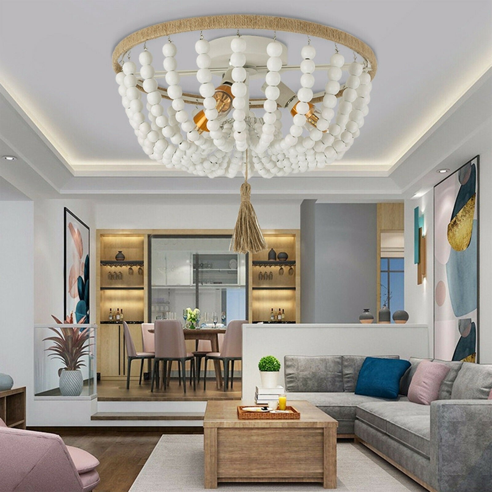 Modern Rustic Wood White Beaded Chandelier Light Fixture image 3