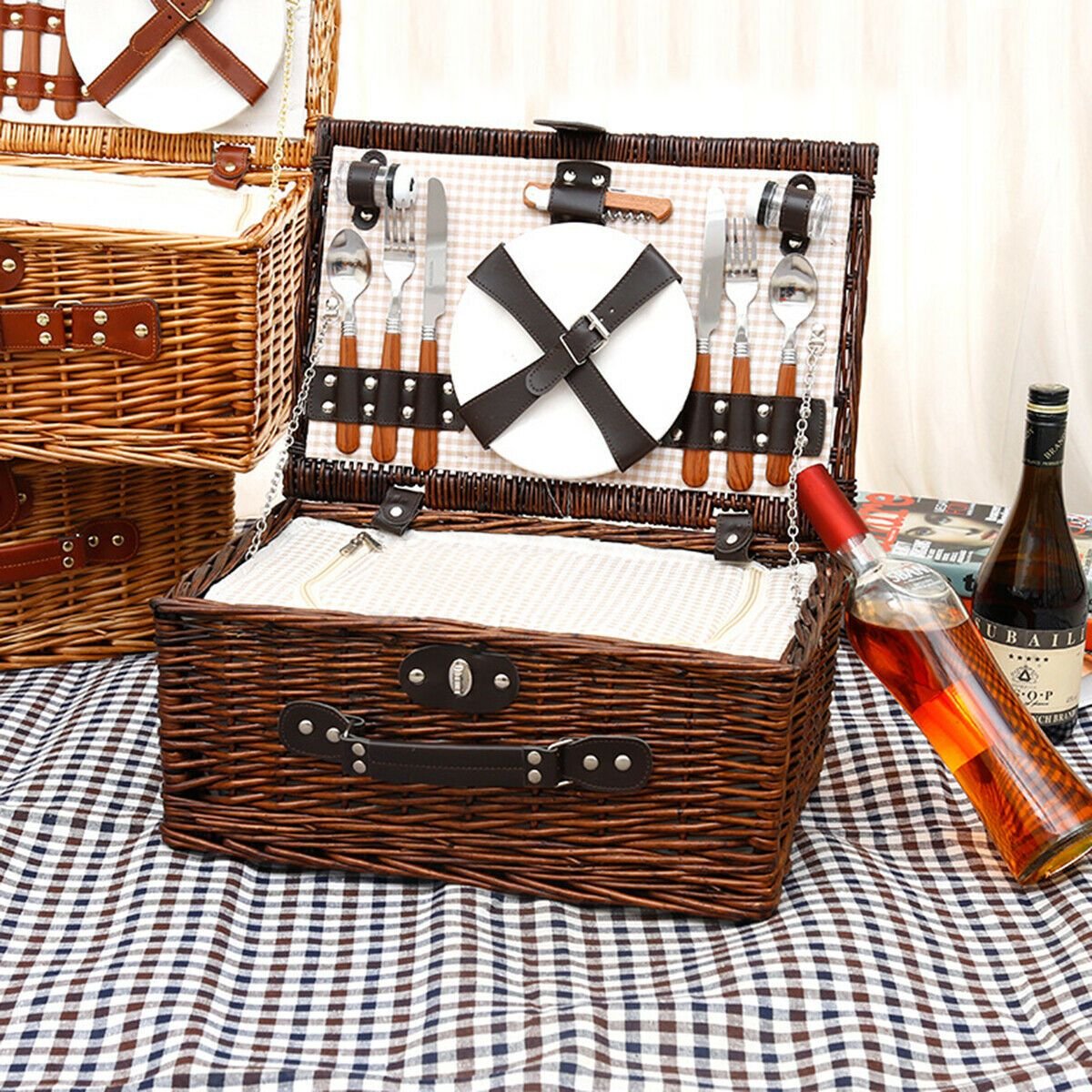 Large Insulated Wicker Picnic Basket Set image 2
