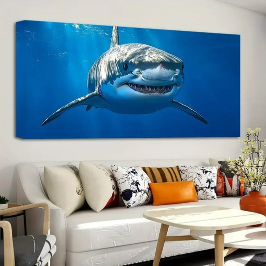 Great White Shark Canvas Wall Art 16x32" Thick Pine Solid Wood Frame