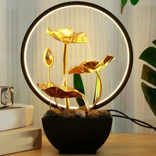 Metal Tabletop Water Fountain with LED Ring Lights & Natural Rocks