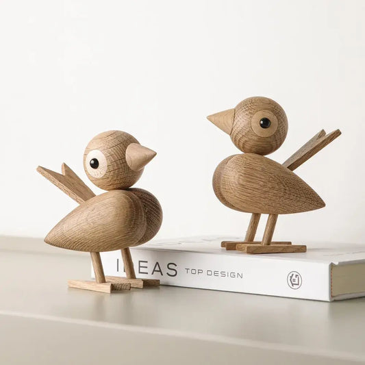 Nordic Style Oak Sparrow Figurine Wooden Dolls Lovely Nature Teak Wood Bird Figures
