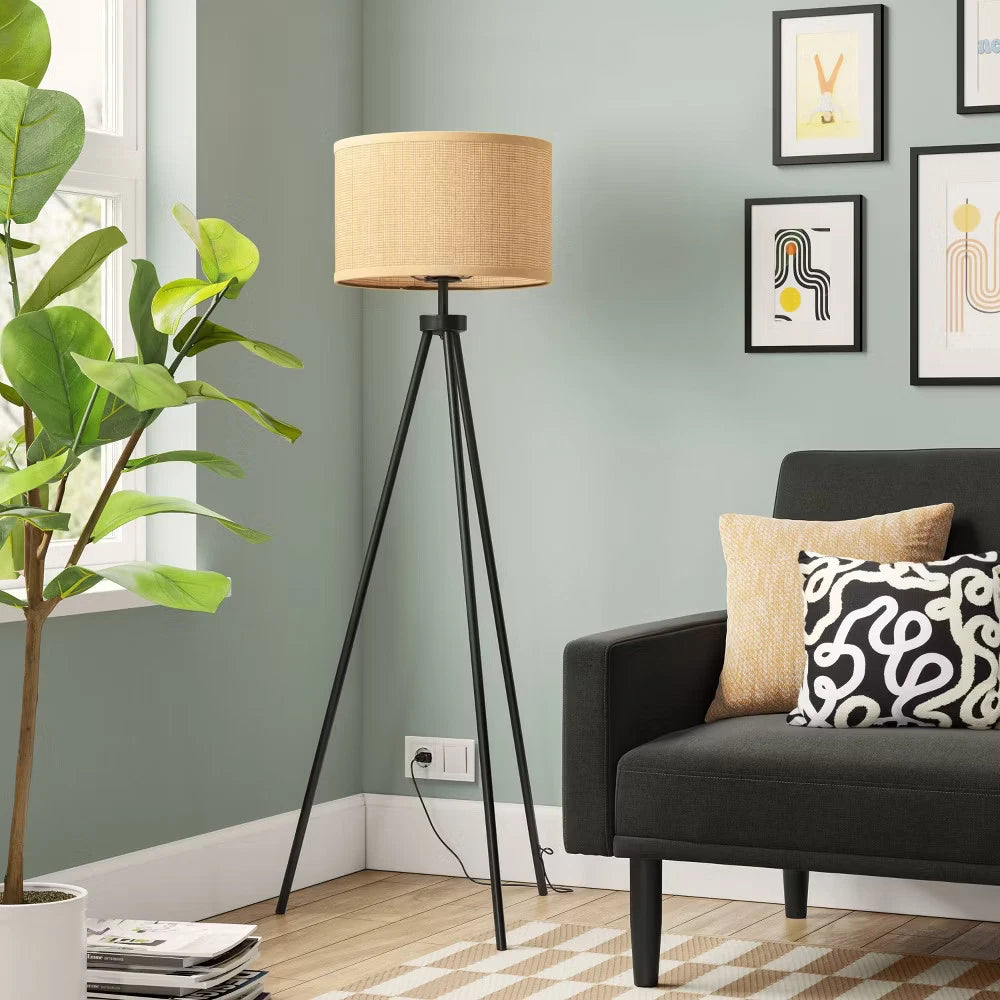 Tripod Floor Lamp with Oval Paper Shade – Adjustable Height Black Metal Standing Lamp for Living Room & Bedroom