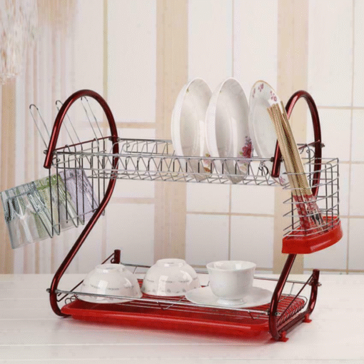 Large Kitchen Red Dish Drying Rack 2 Tier - Image 3