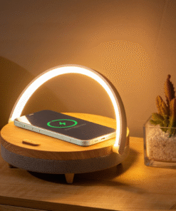 Multifunctional Wooden Table Lamp with Bluetooth Speaker & Wireless Charger