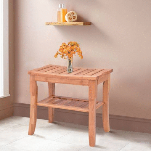Waterproof Bamboo Wooden Shower Bench Seat With Storage Shelf - Image 3