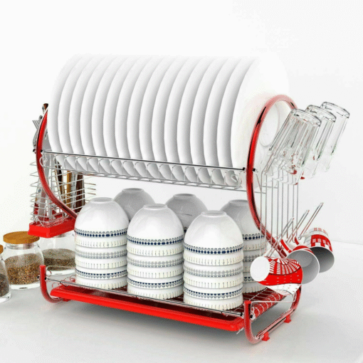 Large Kitchen Red Dish Drying Rack 2 Tier