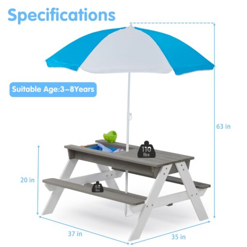 3-in-1 Kids Outdoor Wooden Picnic Table With Umbrella - Image 2