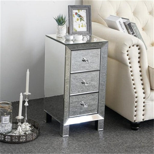 Elegant Three Drawer Silver Mirrored Bedside Nightstand Table - Image 2