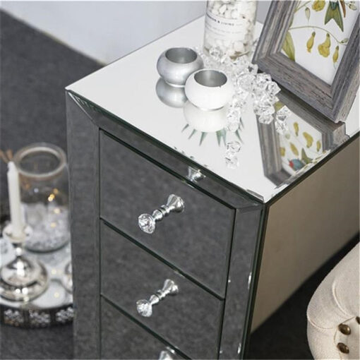 Elegant Three Drawer Silver Mirrored Bedside Nightstand Table - Image 3
