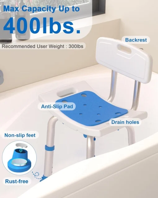 Heavy Duty Shower Chair with Removable Backrest - Image 3