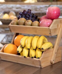 Large Bamboo 2 Tiered Fruit And Vegetable Basket Holder Stand