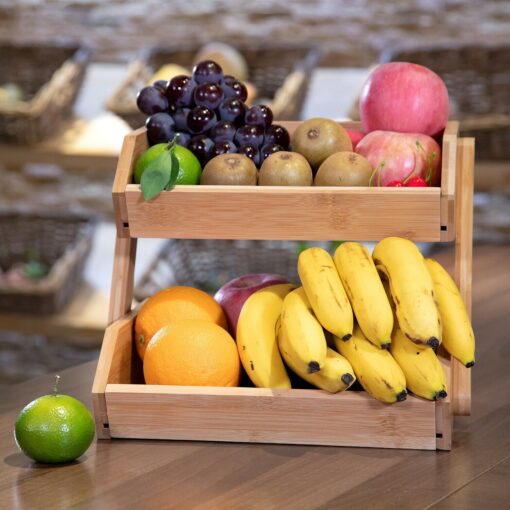 Large Bamboo 2 Tiered Fruit And Vegetable Basket Holder Stand - Image 2