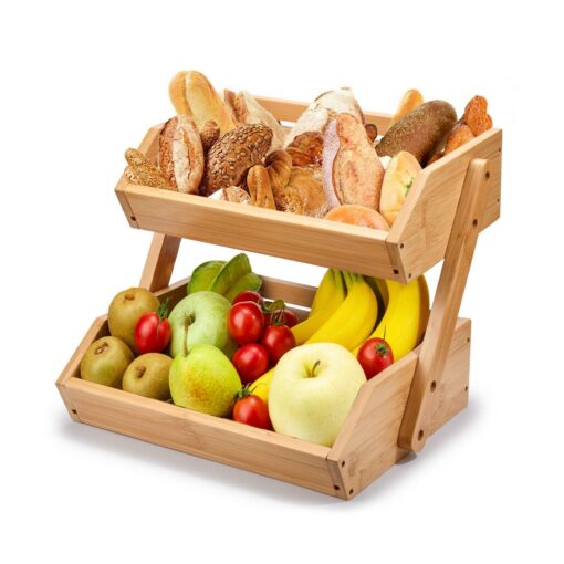 Large Bamboo 2 Tiered Fruit And Vegetable Basket Holder Stand - Image 4