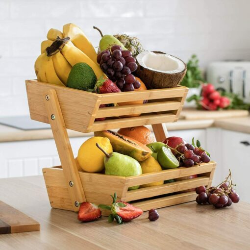 Large Bamboo 2 Tiered Fruit And Vegetable Basket Holder Stand - Image 5