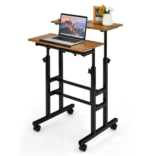 Portable Height Adjustable Wooden Standing Rolling Computer Desk - Image 4