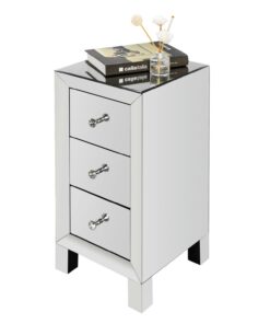 Elegant Three Drawer Silver Mirrored Bedside Nightstand Table