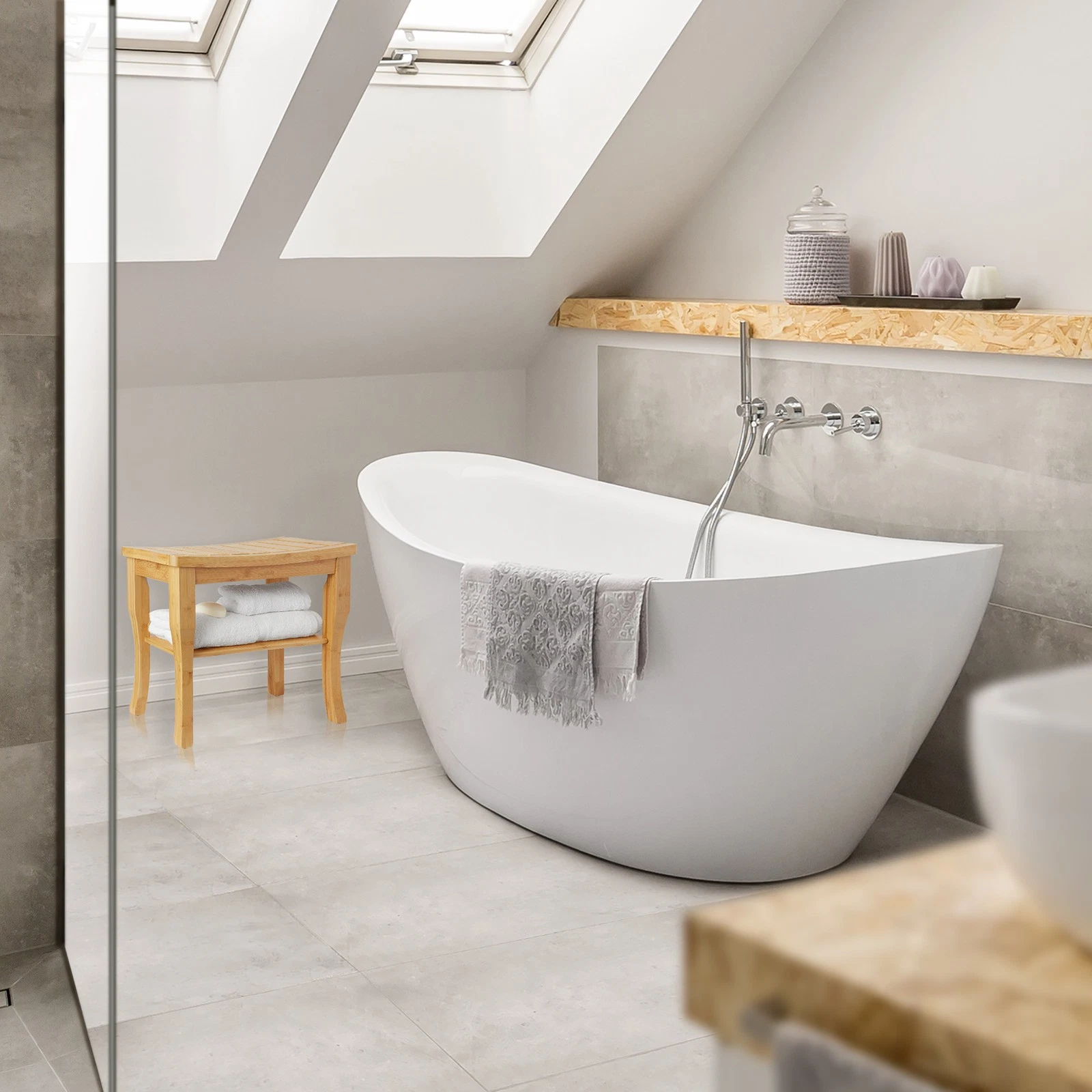 Waterproof Bamboo Wooden Shower Bench Seat With Storage Shelf - Image 3